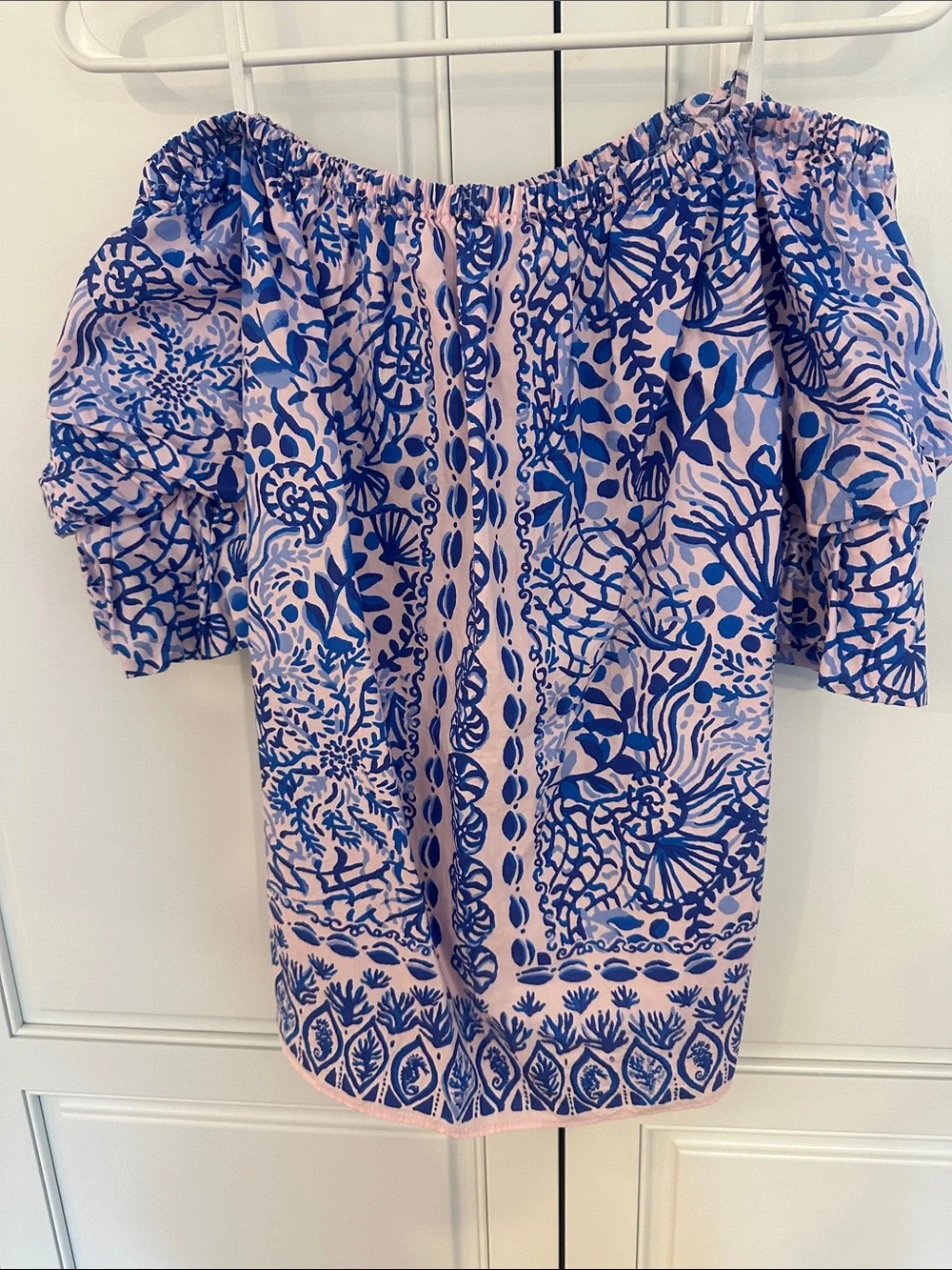 Lilly Pulitzer Pink and Blue Off-Shoulder Floral cotton blouse. Size M.